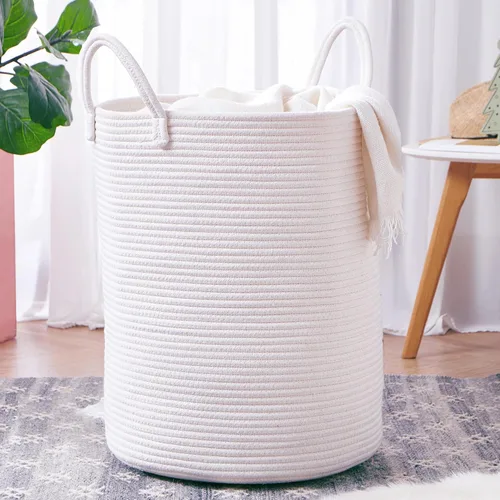 Vista 14 de Cesta de lavandería de 62L en negro con cuerda trenzada, cesta de almacenamiento para ropa y mantas, cesta alta y moderna para sala de estar