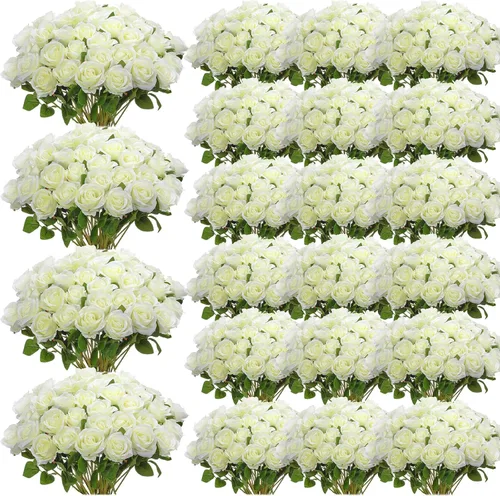 Vista 10 de Riceshoot - 500 piezas de flores de rosas de seda artificiales con tallo largo, ramo de novia de boda realista, flores artificiales a granel