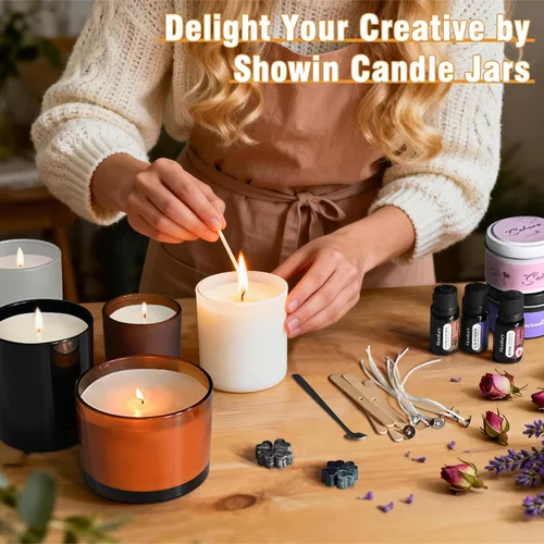 Vista 8 de SHOWIN Frascos de vela gruesos de 18 onzas para hacer velas 6 piezas, frascos vacíos con tapas de madera para hacer velas, contenedor de muestra