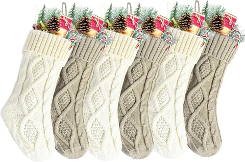 Vista 6 de Paquete de 6, 14" Medias de Navidad de Punto Únicas Color Borgoña y Blanco Marfil Estilo2