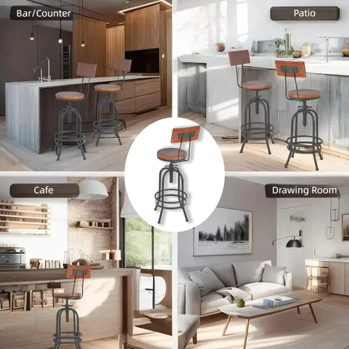 Vista 5 de Juego de 2 taburetes de bar industriales con respaldo, asiento giratorio de madera, barra de bar altura ajustable de 26 a 32.2 pulgadas, silla