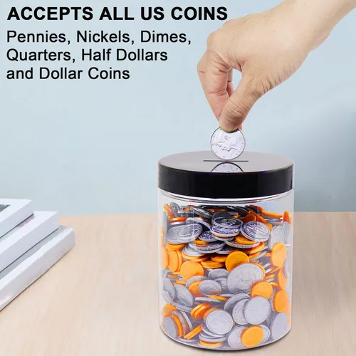 Vista 3 de Tarro grande para monedas, gran plástico transparente para monedas, dinero con punta de dinero ahorro de alcancía con tapa ranurada negra, monedas