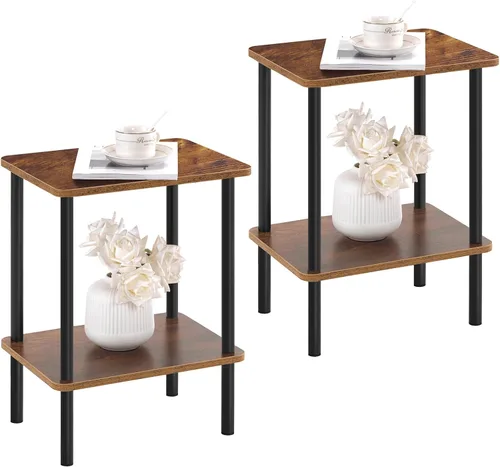 Vista 12 de Apicizon - Mesa auxiliar de 2 niveles, pequeña mesa auxiliar con patas de madera maciza, mesa de noche estilo boho con estante de almacenamiento