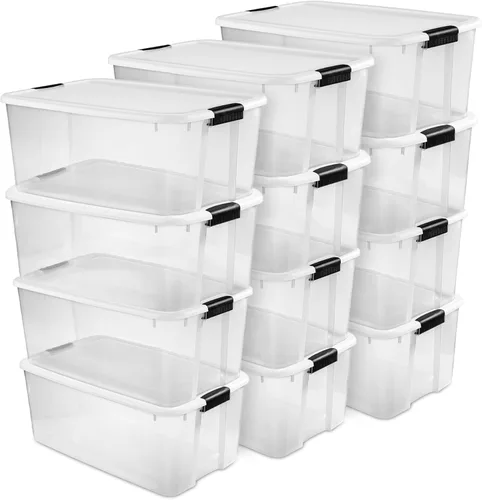 Vista 20 de Sterilite contenedor apilable de plástico transparente, 116 cuartos de galón de capacidad, tapa de cierre, paquete de 8