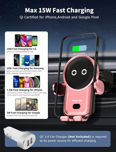 Vista 2 de Cargador inalámbrico para automóvil, 15 W, carga rápida, soporte para teléfono celular, con sujeción automática, compatible con iPhone 14 Series14