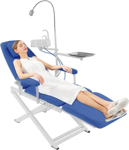 Silla móvil plegable portátil, silla dental profesional con luz LED, altura ajustable y respaldo, escupida giratoria de 360°, sillas dentales Azul