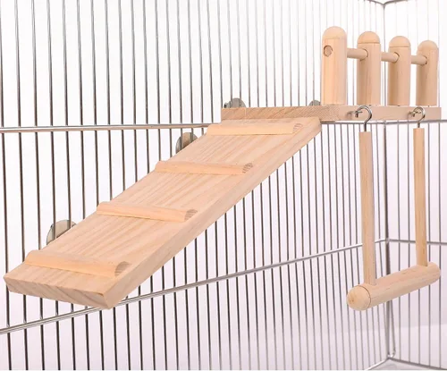 Vista 9 de Perchas para pájaros, jaula de juguetes de madera para pájaros con escalera de escalada, soporte de juego de loro y columpio de pájaro conure