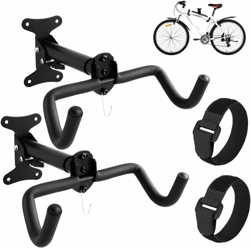Soporte de pared para colgar bicicletas, paquete de 2 soportes de acero resistentes para almacenamiento de bicicletas, ganchos ajustables para Negro
