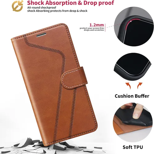 Vista 5 de Funda tipo cartera para Samsung Galaxy A13 5G, funda de cuero con tapa con bloqueo RFID, soporte para tarjetas de crédito, soporte magnético