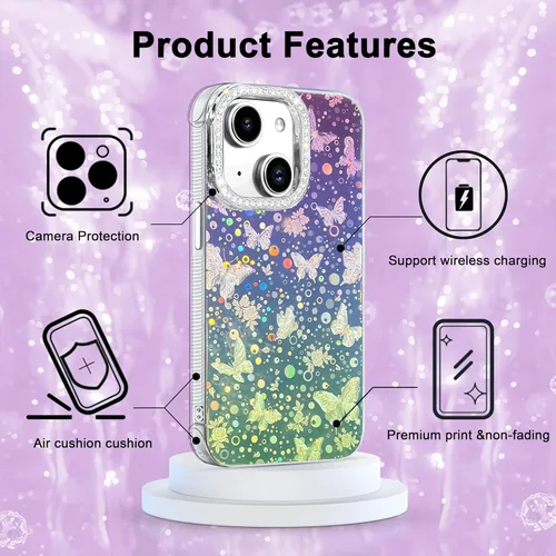 Vista 358 de I-MGAE-IN-AR - Funda diseñada para iPhone 12 y 12 Pro, diseño de mariposa plateada brillante, funda protectora de poliuretano termoplástico, suave