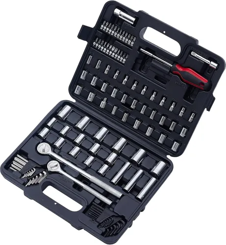 Vista 2 de MECHMAX Juego de llaves de vaso de 120 piezas con trinquetes de 1/2" y 3/8". El kit de herramientas mecánicas incluye enchufes SAE y métricos