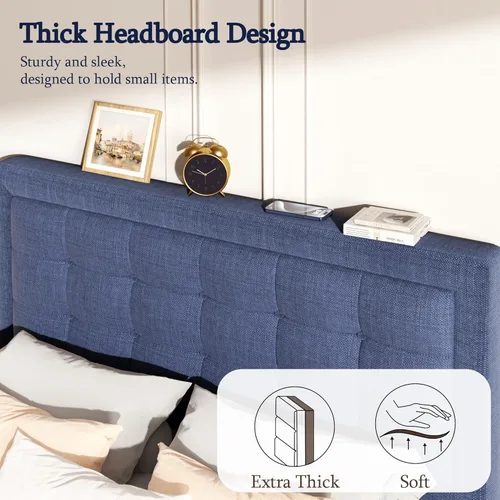 Vista 4 de UNIZONE Base de cama tamaño matrimonial, plataforma tapizada con cabecera capitoné con botones, soporte de listones de madera, base de colchón,