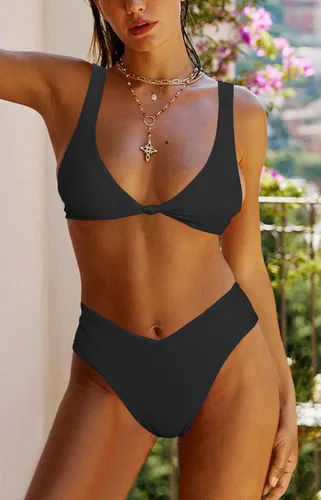 Vista 3 de geluboao Conjunto de bikini para mujer, cuello en V, nudo frontal, push up, tanga de pierna alta, traje de baño de dos piezas