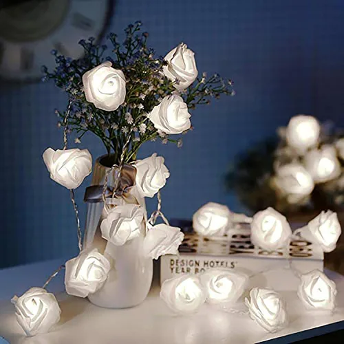 Vista 10 de VIPMOON Guirnalda de luces de rosas de 6.6 ft, 20 LED, funciona con pilas, luces románticas brillantes y cálidas, lámpara de hadas para el día
