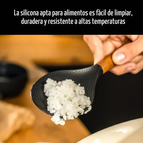 Vista 6 de STAUB Cuchara con espátula multifunción, excelente tanto para cocinar como para servir, silicona mate negra resistente al BPA, mangos de madera
