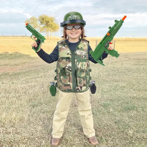 Vista 6 de G.C Disfraz de soldado del ejército para niños, disfraz militar para fiesta de Halloween, juego de rol con accesorios de camuflaje, juguetes