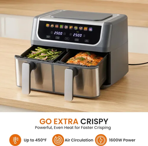 Vista 7 de [Usado] HealSmart Freidora de aire de doble zona de 9.5 cuartos de galón, horno freidora de aire multifuncional 10 en 1 de 1700 W, control de Negro