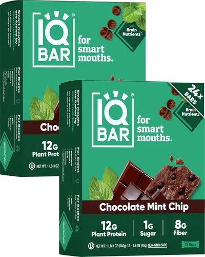 Vista 13 de IQBAR - Barras de proteínas para el cerebro y el cuerpo a base de plantas - Chips de mantequilla de almendra - 12 unidades - Keto, veganas, bajas