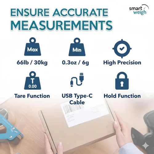 Vista 3 de Smart Weigh Báscula digital de envío postal, capacidad de 66 libras, legibilidad de 0.3 onzas, función de retención y tara, escala de alta