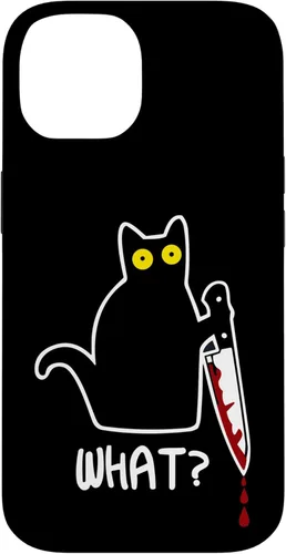 Vista 4 de iPhone 16 Funny Black What Cat - Murderous Kitty Cat with Knife Case