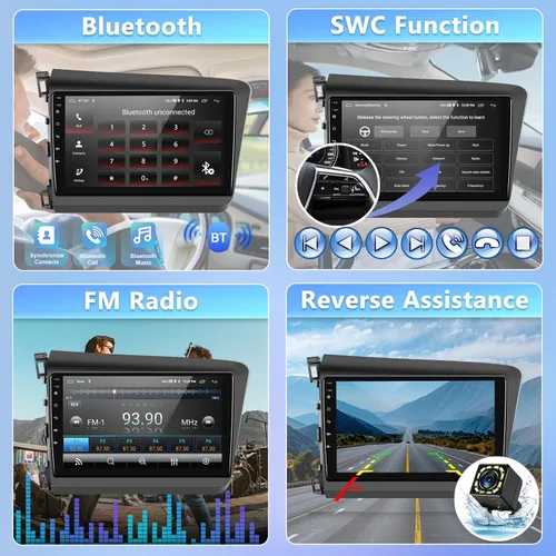 Vista 5 de Estéreo de coche para Honda Civic 2012 2013 2014 2015 con Bluetooth, podofo Android 13 9 pulgadas pantalla táctil receptor de radio de coche