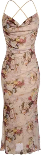 Vista 45 de SOLY HUX Vestido de malla floral para mujer, vestido largo para cóctel Estampado floral multicolor.
