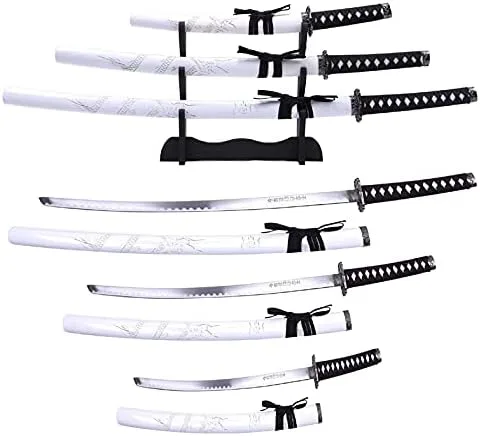 Vista 2 de Juego de 3 espadas japonesas samurái Katana DamaskerUS con vaina de madera grabada de dragón y soporte ninja