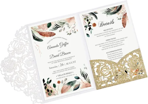 Vista 26 de DORIS HOME 50 piezas Bolsillos de Invitación de Boda Cortados con Láser con Sobres Azules, 5.12" x 7.12" Tarjetas de Invitación para Boda