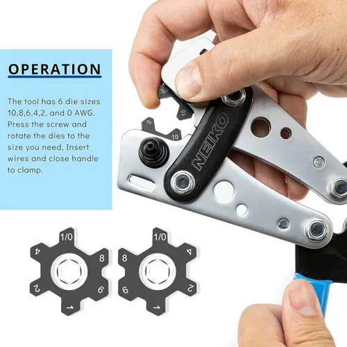 Vista 3 de NEIKO 02039A Juego de Alicates para Crimpar Terminales y Cortador de Cable, Herramienta de Crimpado de Cable de Batería, 8-0 AWG, 6mm - 50mm