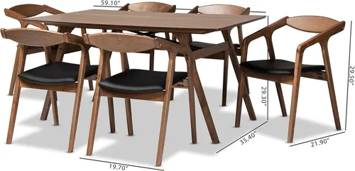 Vista 9 de Baxton Studio Harland - Juego de comedor de 7 piezas, tapizado de piel sintética negra y acabado marrón nogal, 7 piezas