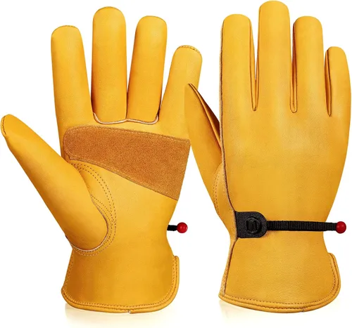 Guantes de trabajo de cuero para hombres y mujeres con puño ajustable, resistentes, de piel de vaca