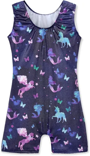 Vista 2 de HOZIY Leotardos de gimnasia para niña con estampado de unicornio sirena arcoíris cupcake dinosaurio con brillo para niñas de 2 a 10 años