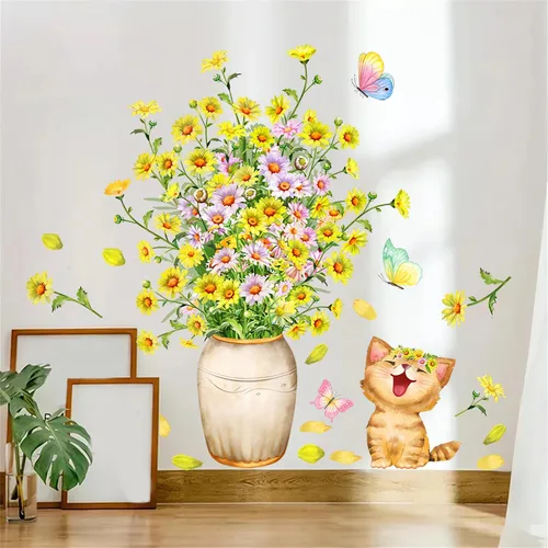 Pegatinas de pared con diseño de margaritas amarillas, diseño floral de gato | Vinilo extraíble para sala de estar, dormitorio, guardería,