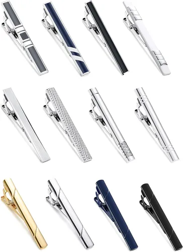 Vista 2 de Jstyle Juego de 12 clips de corbata para hombre, juego de clips de barra de corbata clásicos para corbatas regulares, clips de pellizco, clips