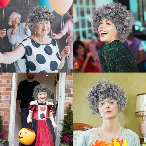 Vista 7 de Runpon Conjunto de disfraz de peluca de anciana peluca de cosplay de abuela con bastón peluca de abuela gafas de abuela cadena de gafas collar