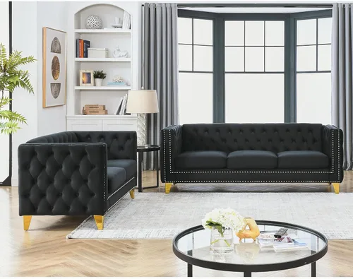 Vista 7 de mikibama Juego de sofá de terciopelo de 2 piezas para sala de estar, sofá de 3 plazas con botones y sofá biplaza de 2 plazas, sofás tapizados