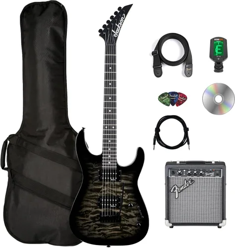 Jackson JS Series Dinky JS11Q - Guitarra eléctrica, paquete negro transparente con amplificador Frontman 10G, estuche, afinador, correa, cable, púas