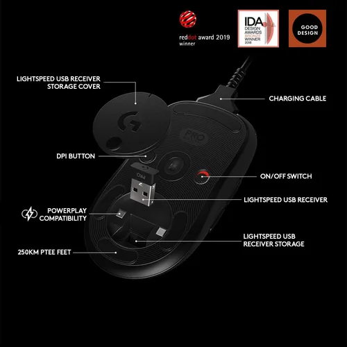 Vista 5 de Logitech G PRO - Mouse inalámbrico para juegos sensor Hero 16K 16000 DPI RGB ultraligero de 4 a 8 botones programables larga duración de la batería