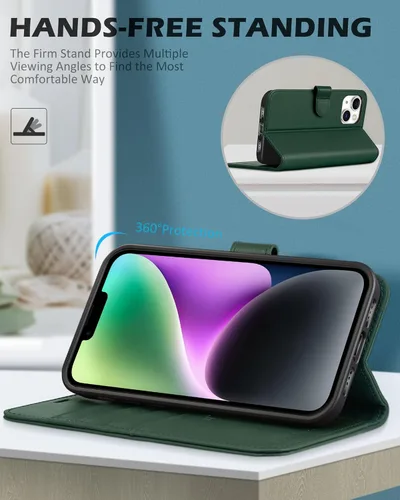 Vista 5 de SHIELDON Funda para iPhone 14 5G 2022, piel auténtica para iPhone 14 con función atril, bloqueo RFID, tarjetero magnético a prueba de golpes