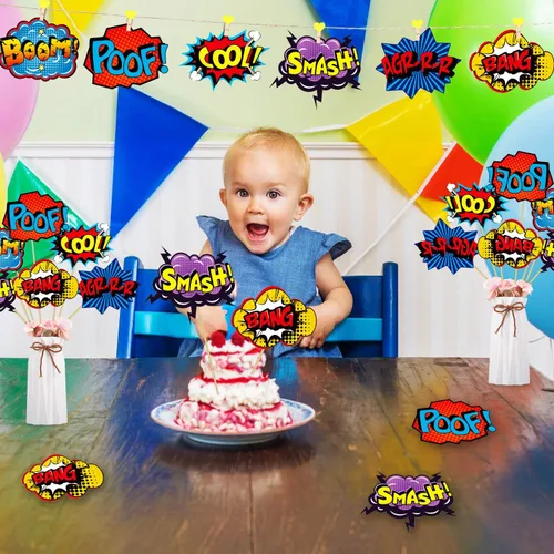 Vista 7 de Blulu 30 piezas de decoración de fiesta temática de héroe, letreros de recortes de papel de cartón