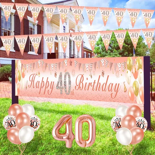 Vista 3 de Decoraciones de cumpleaños número 40 para mujer, decoración de fiesta de oro rosa, pancarta de feliz cumpleaños 40, guirnalda de banderín, globo