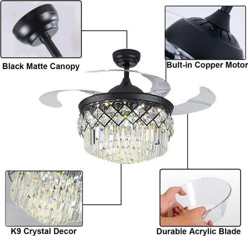 Vista 7 de Ventiladores de techo modernos de 42 pulgadas con luces y control remoto, ventiladores de techo de cristal negro con luces, con cuchillas