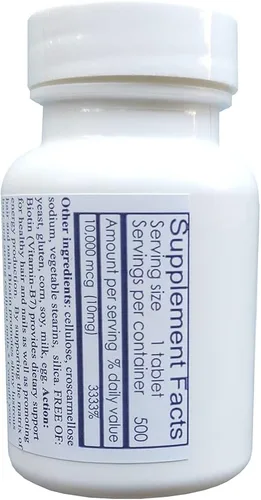 Vista 2 de Biotina 10,000 mcg (500 tabletas) para el crecimiento del cabello, piel, uñas fuertes, biotina 10 mg