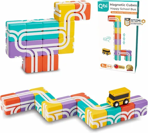 QBI Bloques magnéticos, juguetes STEM para niños y niñas de 1 año en adelante, bloques de construcción magnéticos coloridos 3D con autobús escolar,