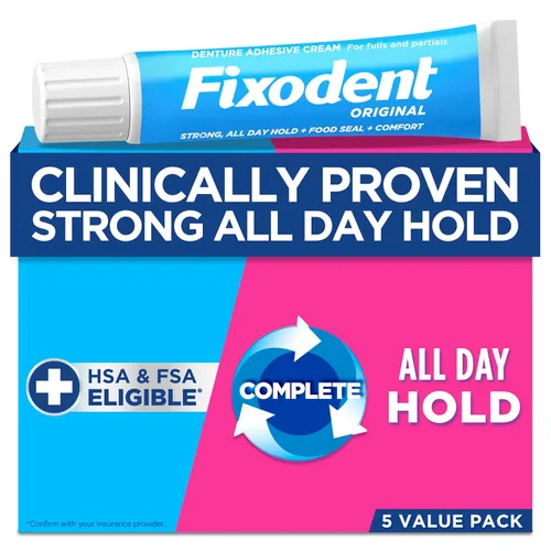Fixodent Crema adhesiva original segura para dentaduras postizas completas y parciales, 2.4 onzas (paquete de 5)