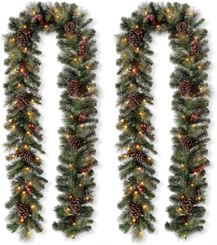 Vista 6 de Glitzhome 2 guirnaldas de Navidad de 9 pies con luces, guirnalda de Navidad para manto, guirnalda de Navidad artificial preiluminada, conos de pino