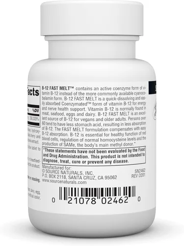 Vista 3 de Source Naturals Vitamina B-12, 5 mg apoya la producción de energía - Fórmula vegana de fusión rápida 60