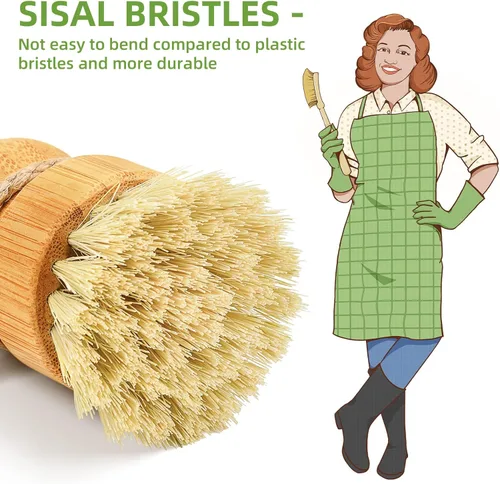 Vista 2 de SUBEKYU Juego de cepillos de bambú para platos con soporte para jabón, limpiador de platos de madera con dispensador de jabón, cepillo natural