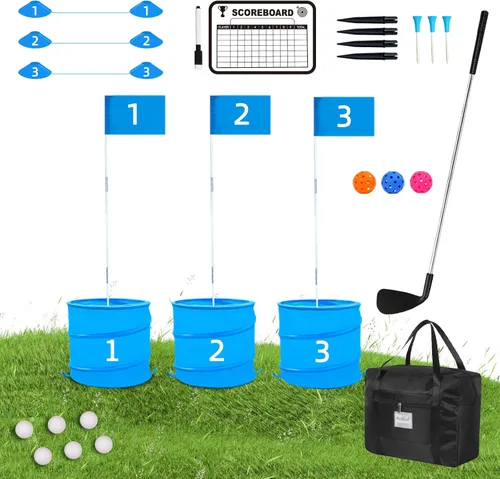 Juego de golf para patio trasero – Juego de 3 cubos para práctica, familia y adultos – Juego de patio al aire libre para césped, playa, campamento,