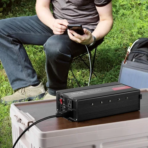 Vista 8 de VEVOR - Inversor de onda sinusoidal modificada, inversor de 1500 W, DC 12 V a CA 120 V, con 2 tomas de CA, 2 puertos USB, 1 puerto tipo C, 6